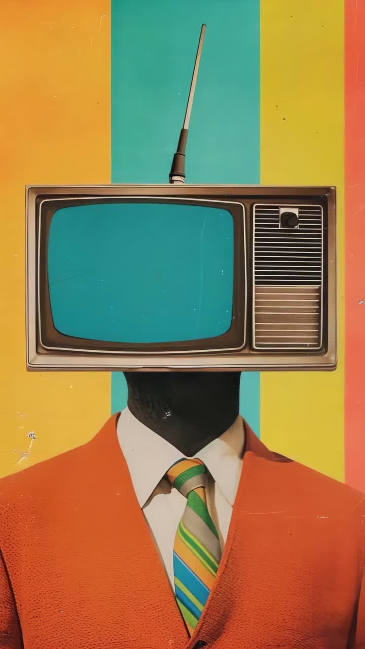 Concept video surreale con una TV retrò come testa su una figura in giacca e cravatta