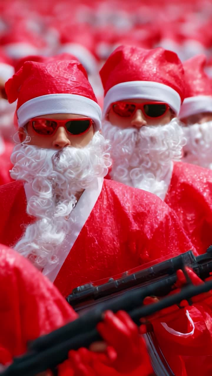 A unique and striking portrayal of individuals dressed in bright red Santa costumes, adorned with vibrant sunglasses, marching in unison while holding rifles, creating a fascinating blend of festive cheer and unexpected intrigue