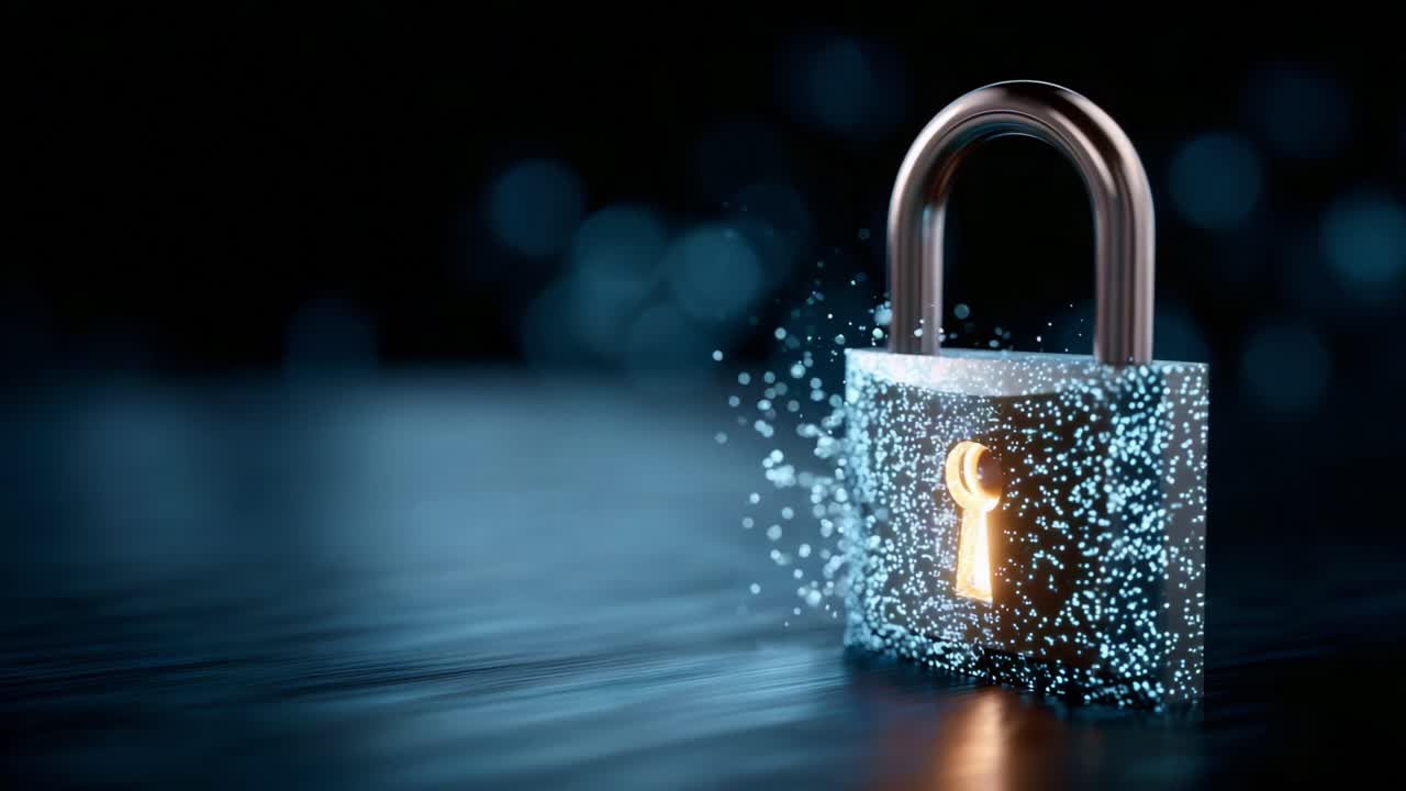 A glowing digital padlock symbolizes cybersecurity and data protection in a visually stunning and modern design emphasizing the importance of privacy and security
