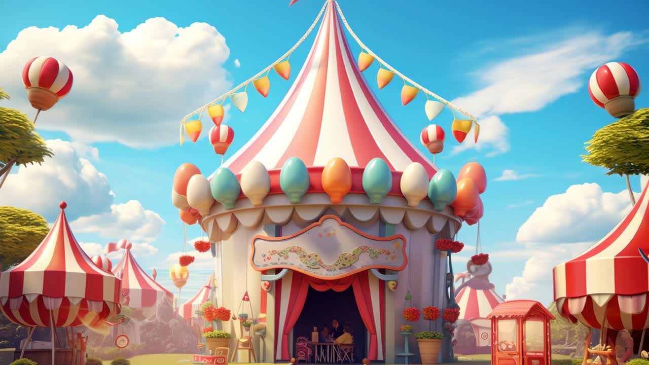 Whimsical carnival scene with colorful tents under a bright sky