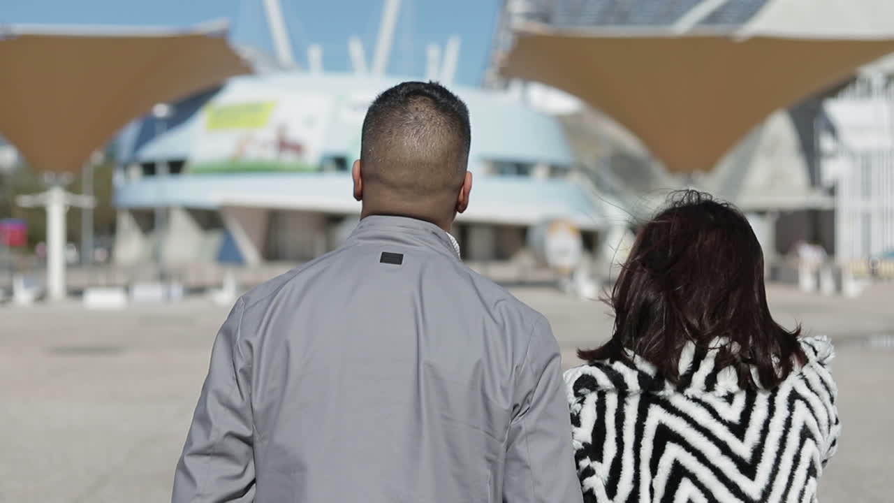 vista trasera de una joven pareja enamorada paseando al aire libre