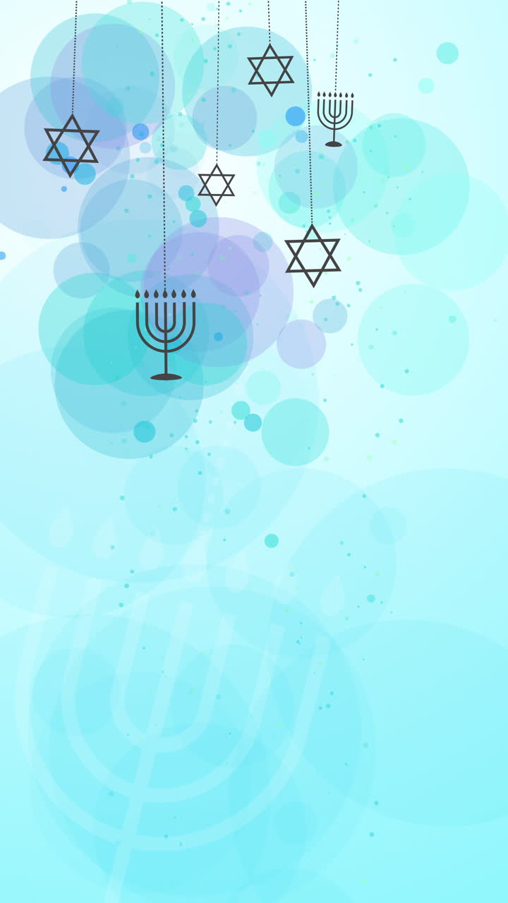 Icons of jewish symbols menorah and star of David on abstract blue background with blurred circles. Looped animation. Copy space. Vertical video.