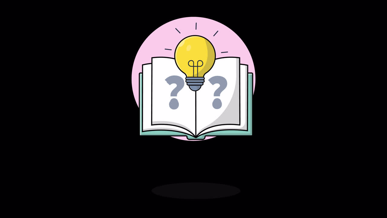 Open Book with Question Marks and Flashing Lightbulb for Ideas