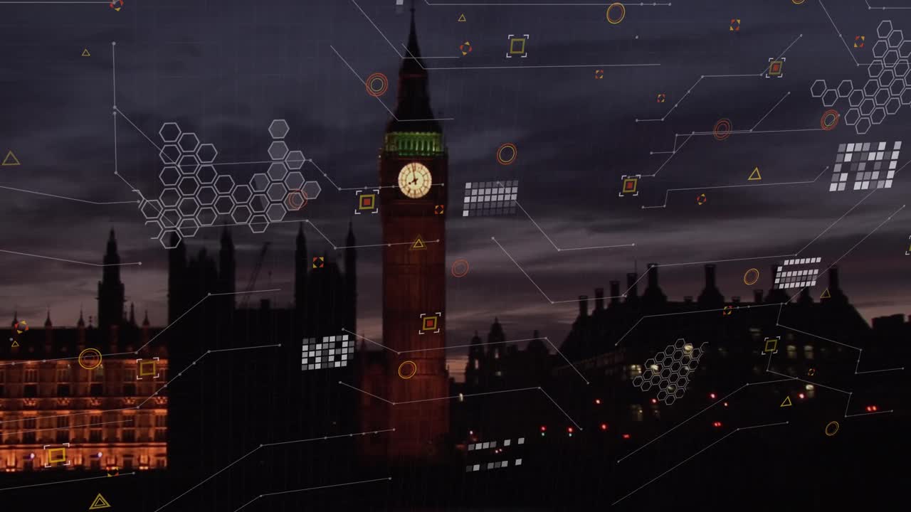 밤에 빅 벤 타워의 공중 전망에 대한 데이터 처리 애니메이션