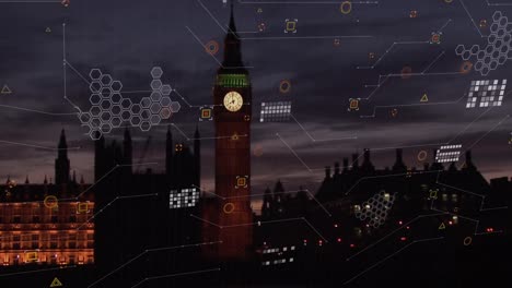 animation of data processing against aerial view of big ben tower at night