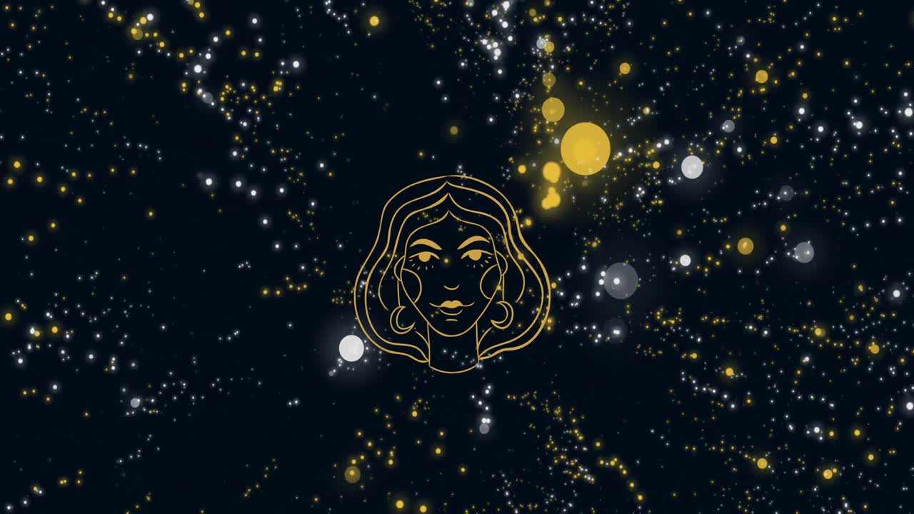 Animation of woman's face representing virgo zodiac sign against floating illuminated lens flares