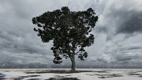 árbol solitario y nieve cayendo contra nubes blancas grises pesadas, 4k