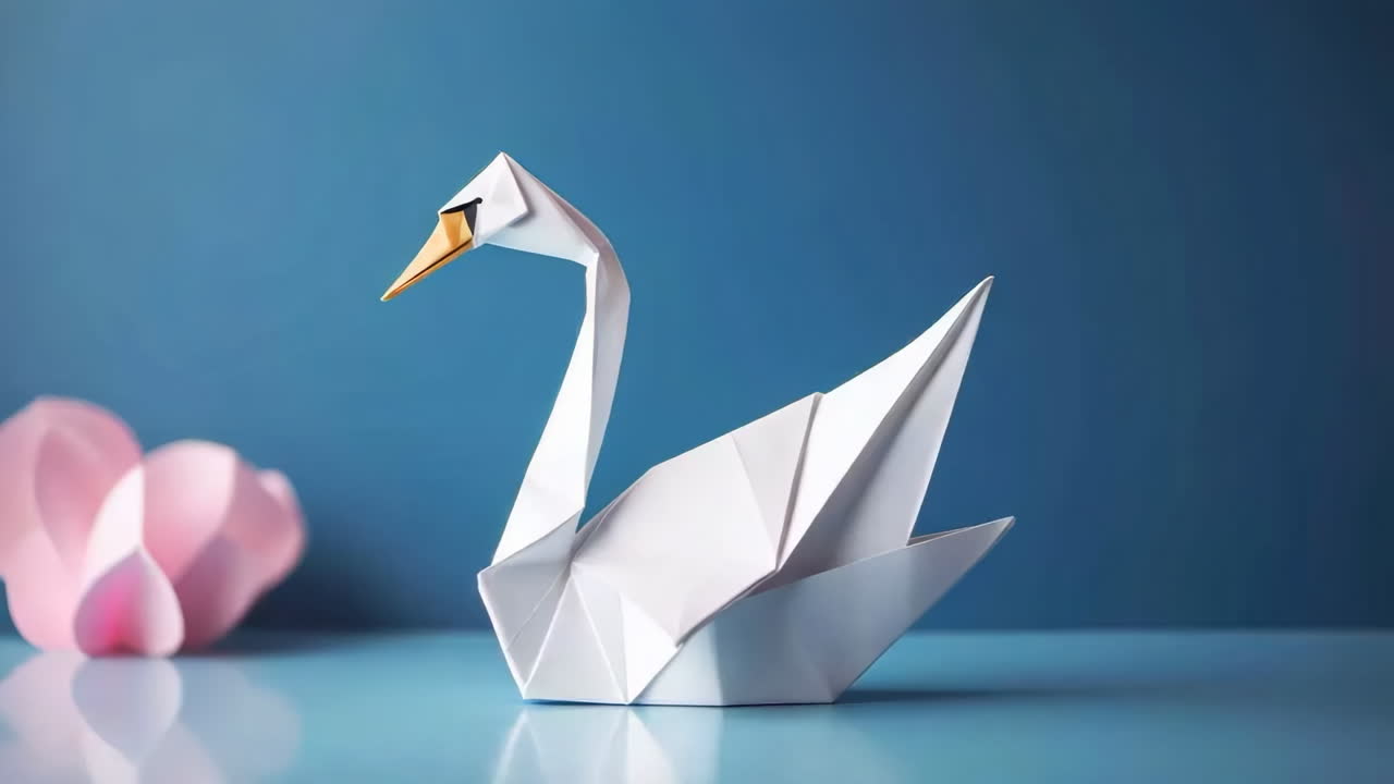 Elegant Origami White Swan on Blue Background