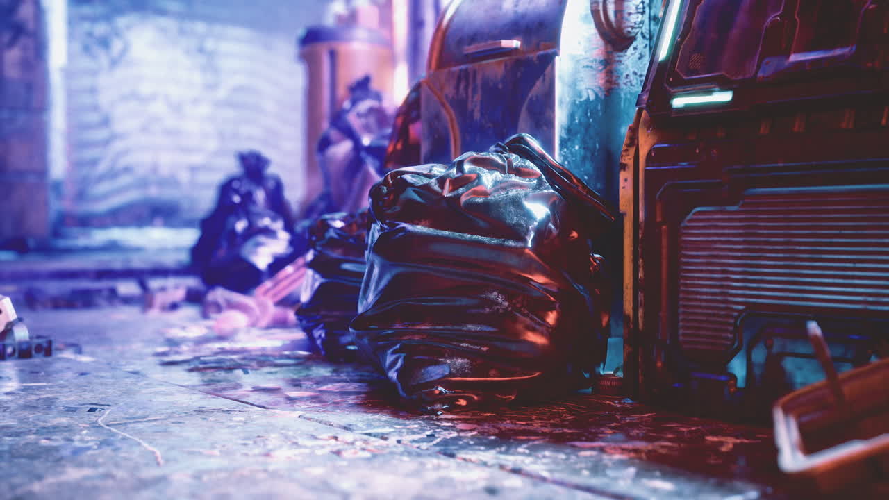 Urban alleyway at night with glowing lights and scattered litter