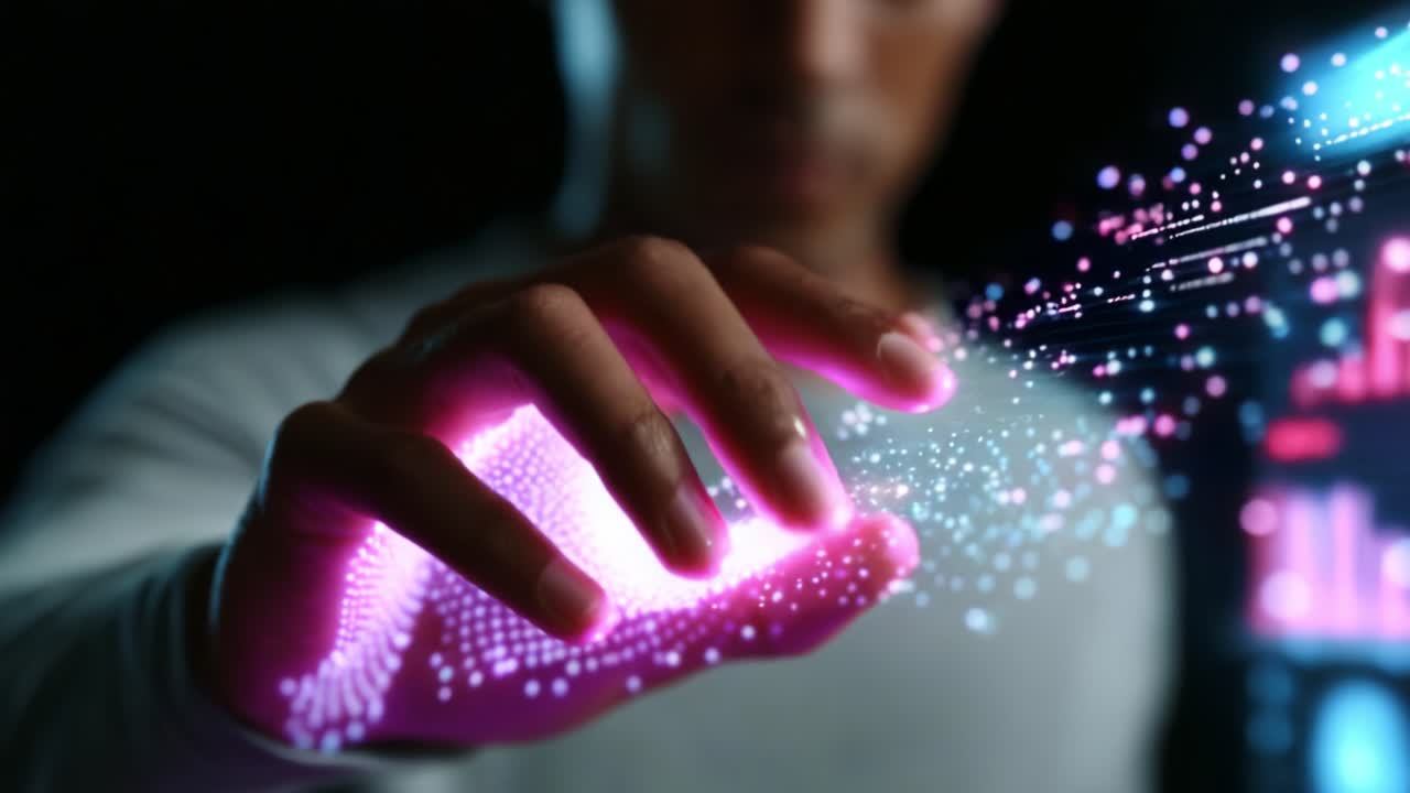 A futuristic display of technology comes to life as a hand reaches out to interact with vibrant, glowing particles in a digital landscape, showcasing the seamless blend of human intuition and advanced computing