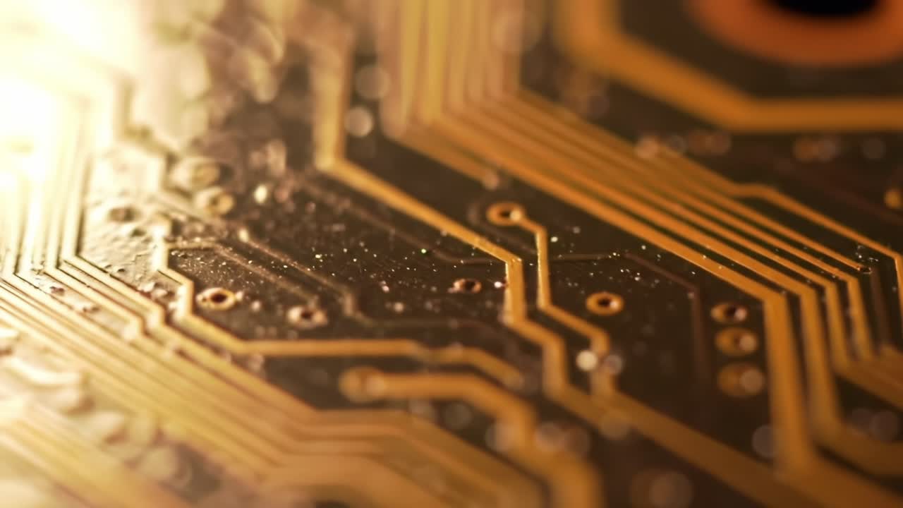 Intricate Close-Up of a Gold-Plated Circuit Board, Showcasing a Complex Network of Traces and Connections Reflecting Light in a Technological Marvel