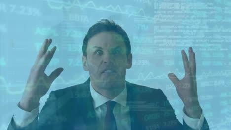 animation of stock market data processing over angry caucasian businessman screaming