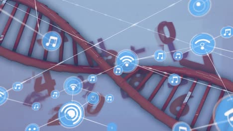 animación de redes de conexiones y procesamiento de datos sobre cadenas de adn sobre fondo blanco