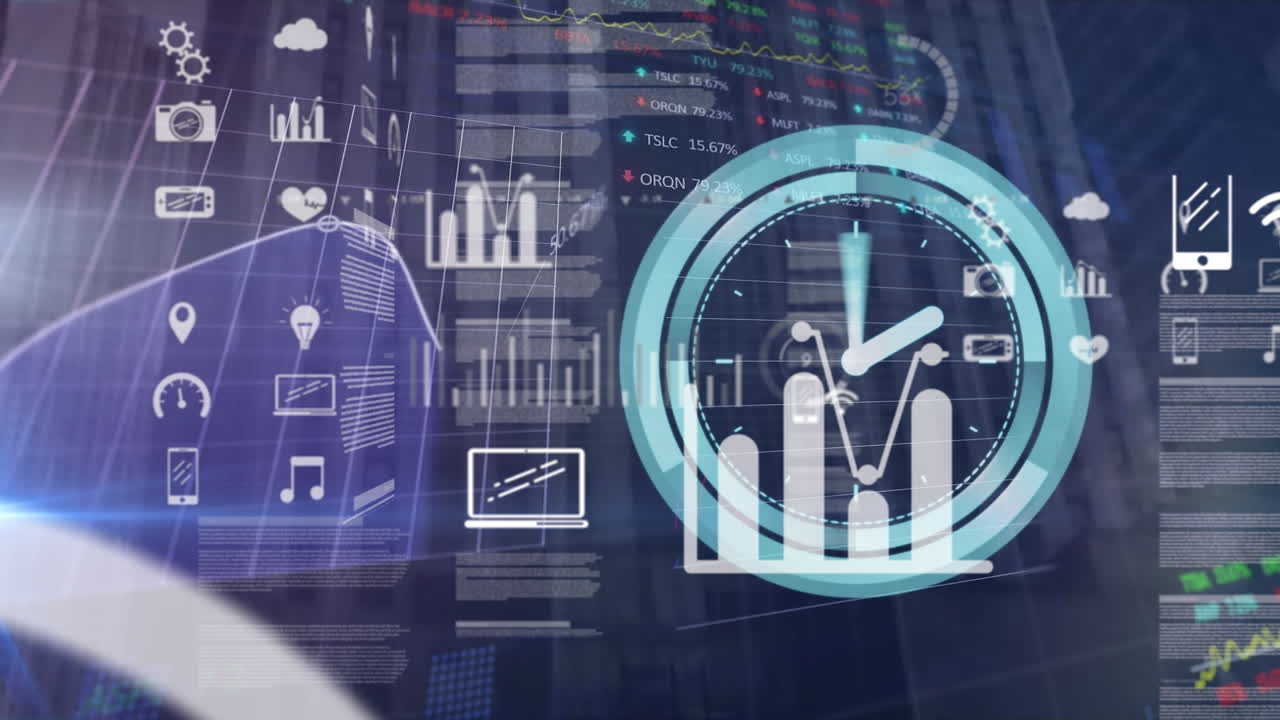 Animation of clock moving over financial data processing on blue background