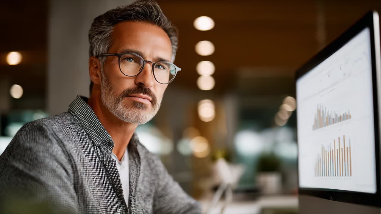 A focused professional with gray hair and glasses contemplating data trends on a computer screen, showcasing graphs and analytics for informed decision-making in a contemporary workspace setting