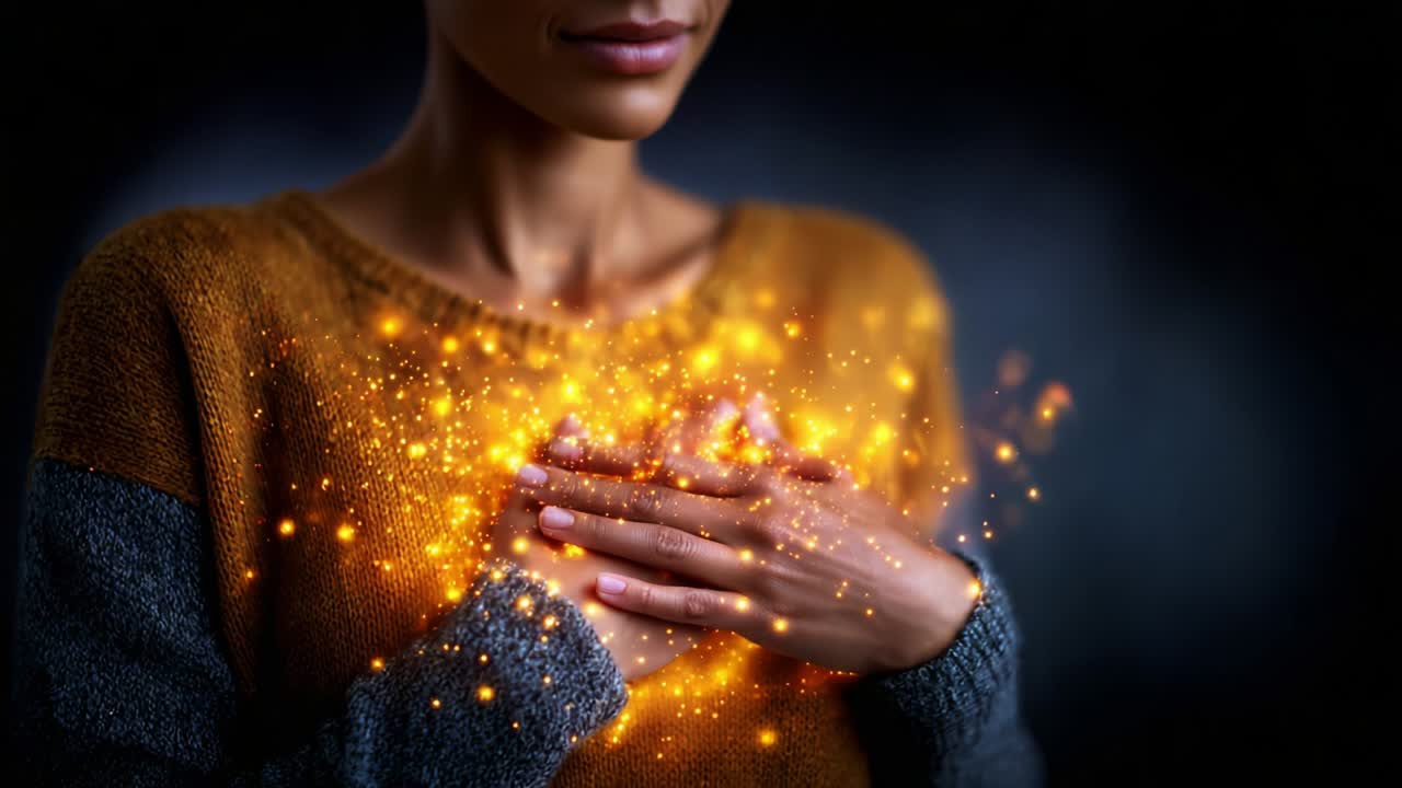 A Glowing Heartfelt Moment: An Enigmatic Portrait of an Individual Embracing Inner Light and Personal Transformation, Capturing the Essence of Emotional and Spiritual Connection Through Gentle Radiance