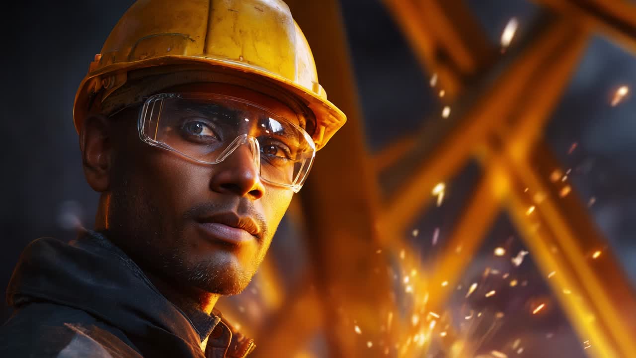 Focused construction worker wearing a yellow hard hat and safety glasses, standing amidst a backdrop of dramatic sparks and steel structures, highlighting dedication and expertise in the industrial environment