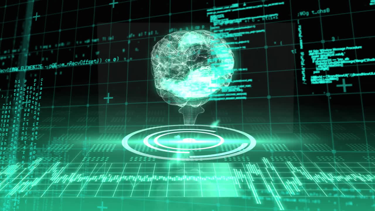 Animation of digital brain over data processing on black background