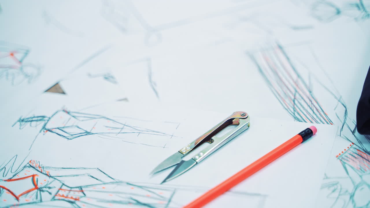 Designer drawings of fashionable clothes on papers. Tailor's sketches on papers, a pencil and a blue tape measure on the wooden table indoors. Camera moves left.