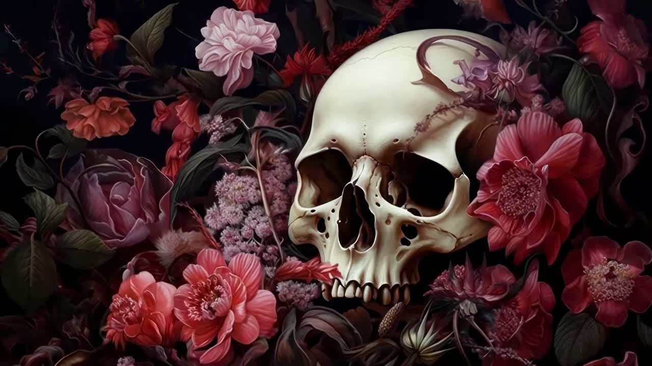 A dramatic still life video concept featuring a skull surrounded by vibrant flowers