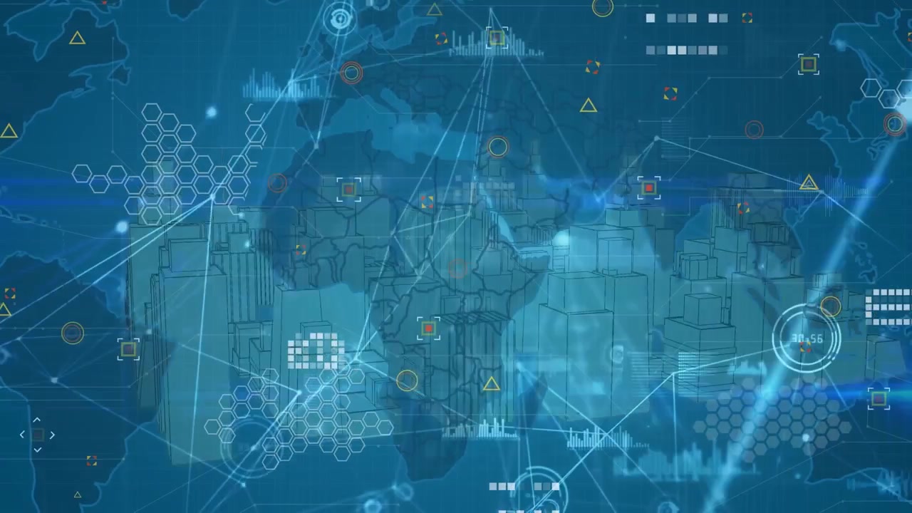 Animation of networks of connections and data processing over world map