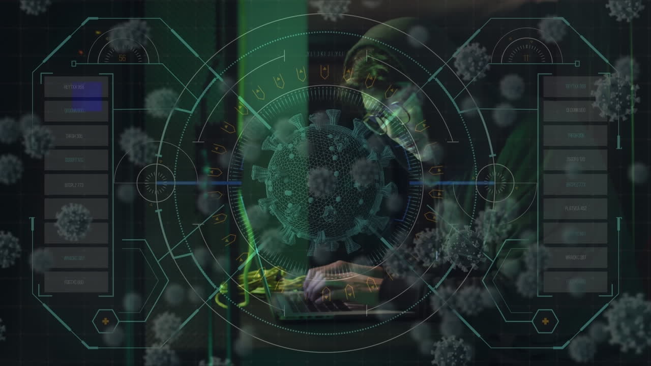 데이터 처리 및 바이러스 세포의 애니메이션 - 서버 에 있는 아시아 남성 해커
