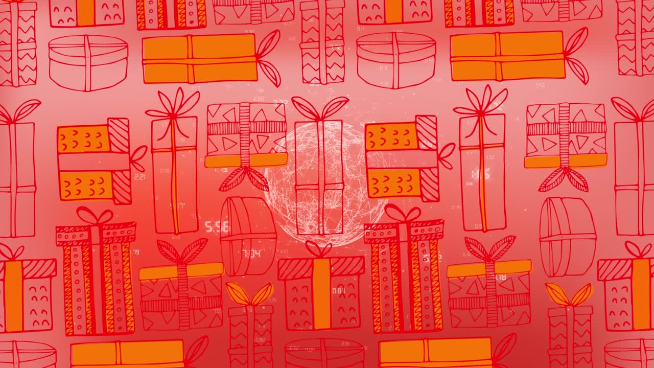 Animation of globe rotating over red background with presents