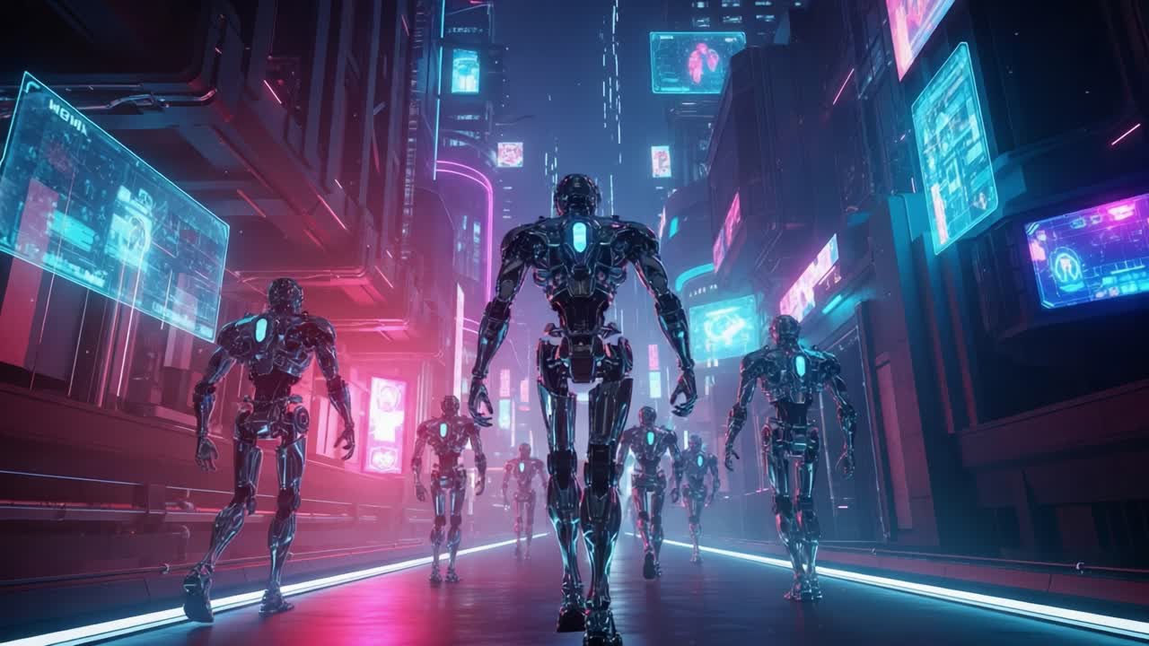 A futuristic cityscape showcases a group of advanced robotic beings marching down a neon-lit corridor, their metallic forms illuminated by vivid lights and digital displays.