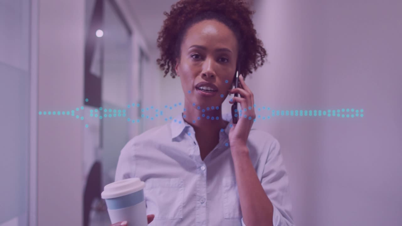 Smartphone call activating pulsing waveform on business staff walking with coffee for communication