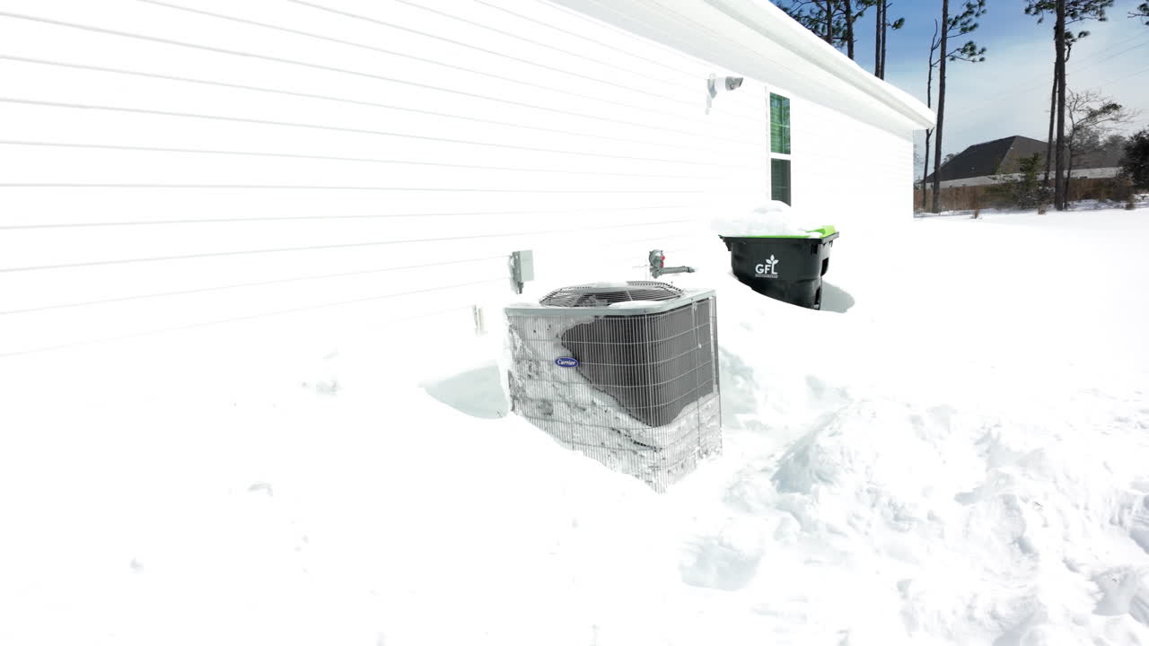 Snow drift covering ac unit outside house in the winter