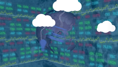 animación de nubes con iconos y globo sobre el mercado de valores