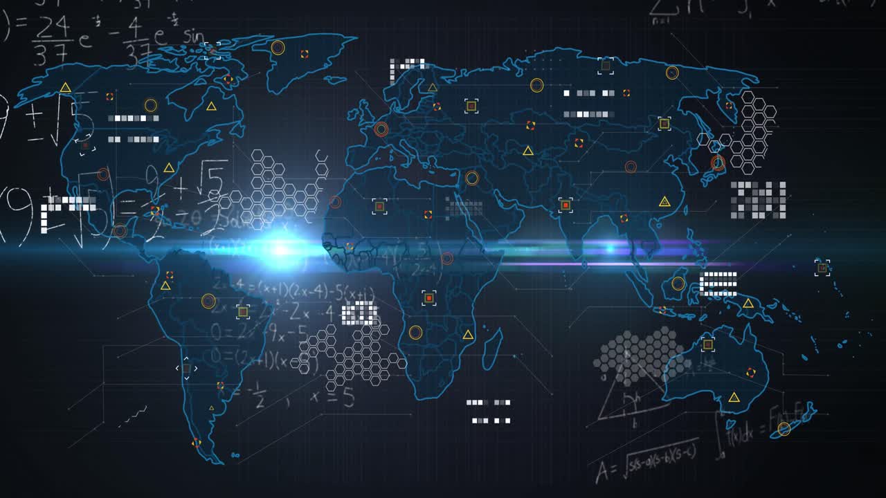 수학적 합과 다이어그램, 회로판 패턴 및 렌즈 플레어의 애니메이션