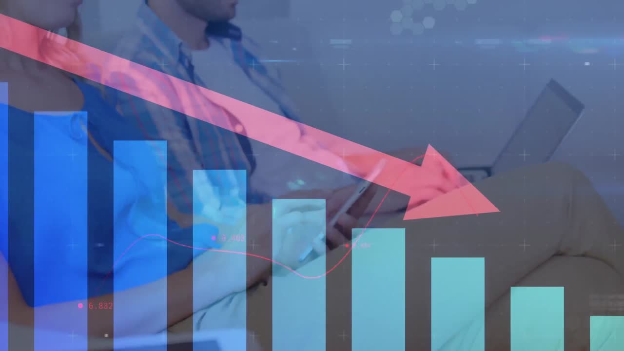 Animation of red arrow and statistics processing over woman using smartphone