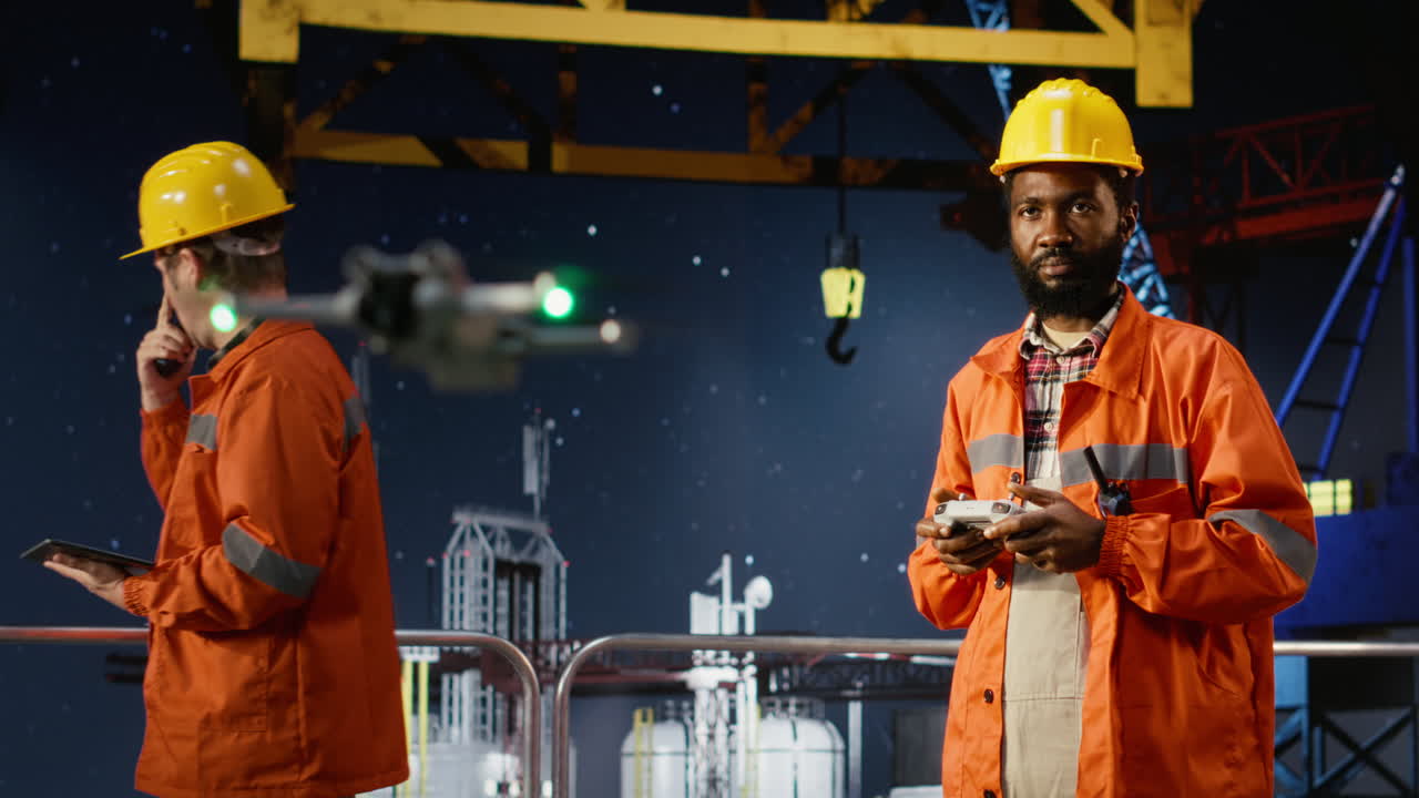 Afroamerikansk ingeniør bruger drone til at udføre moderne inspektion af olieboreplatform