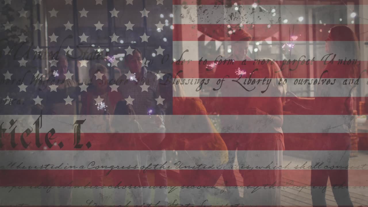 Animation of american flag over people having party