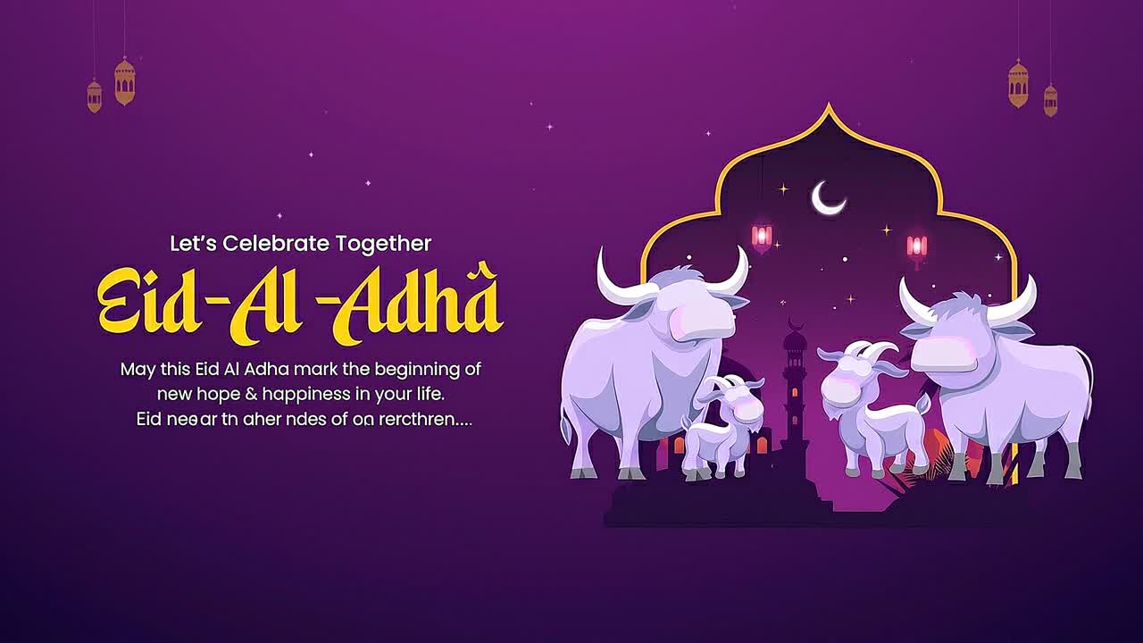 Animazione festiva di auguri per l'Eid al-Adha con famiglia di mucche, arco di moschea, luci di lanterne e sfondo di cielo notturno viola