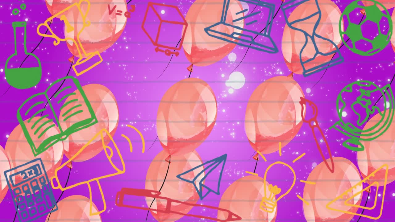Animazione di icone di articoli scolastici su palloncini su sfondo viola