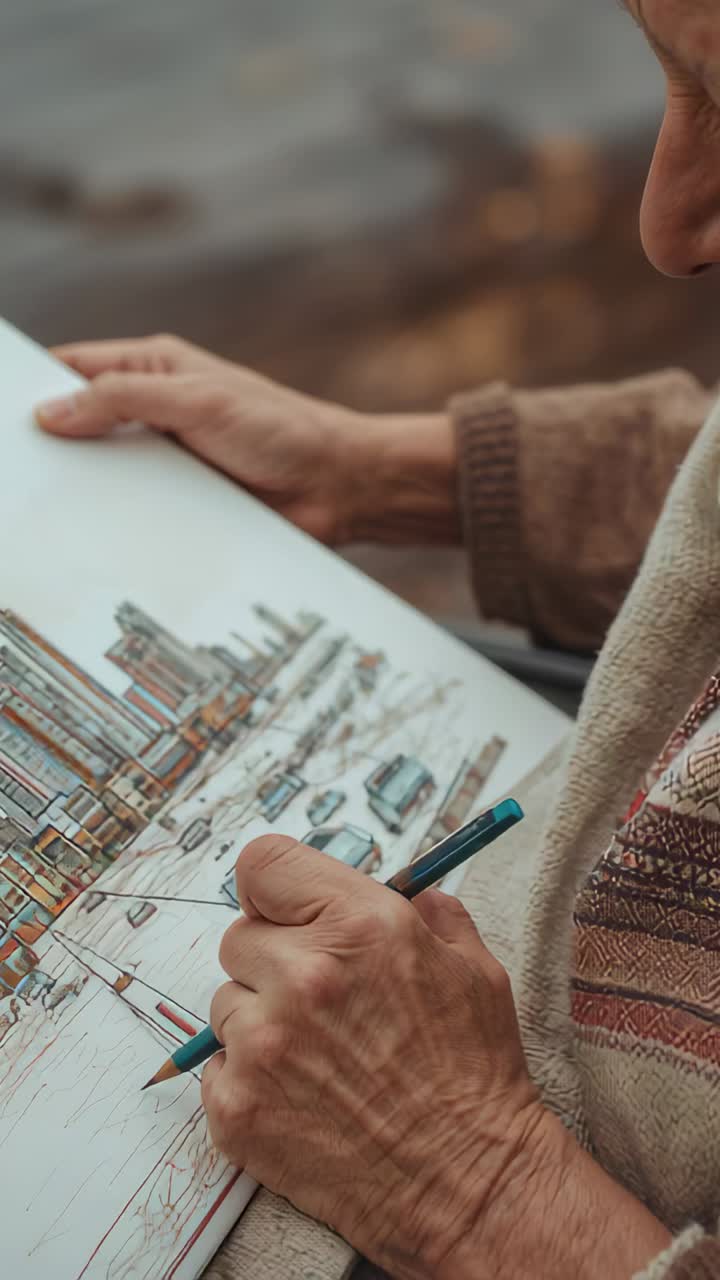Vertical video: Holding pad, senior in shawl refining city sketch by rocky shore with teal pencil