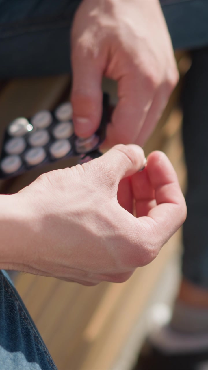Primo piano di mani che tengono e manipolano un piccolo oggetto nero con elementi circolari bianchi sullo sfondo. La persona interagisce con fermezza, suggerendo una manipolazione o un assemblaggio attento.