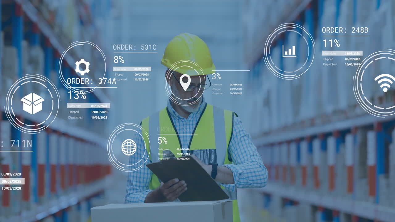 Warehouse worker checking smartwatch with digital data processing animation overlay