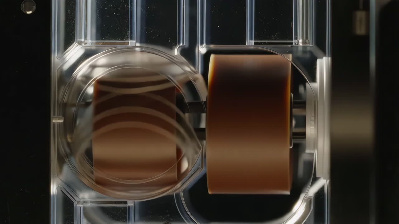Detailed view of a tape mechanism with brown film inside a clear plastic casing