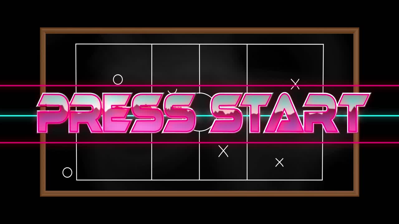 Animation of press start text over drawing of game plan on black background