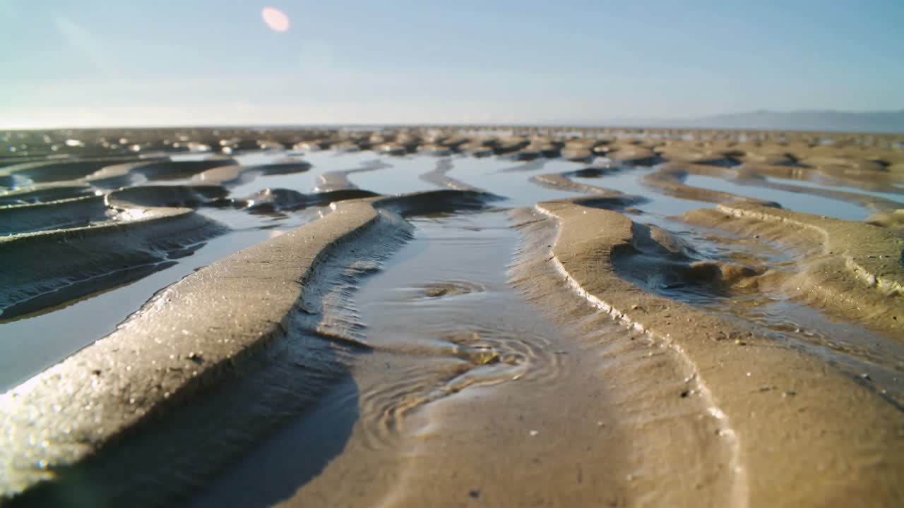 Recording from low vantage, shallow water forming ripples on tidal flat from tide, ridges glinting