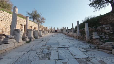 Walking-along-streets-of-Unesco-world-heritage-site-of-Ephesus,-Turkey