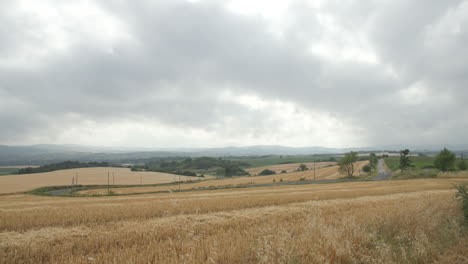 A-country-road-winds-through-farmland-in-southern-France-on-an-overcast-day