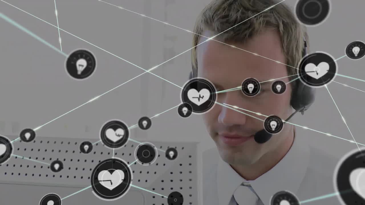animación de la red de conexiones e iconos sobre un hombre de negocios con auriculares