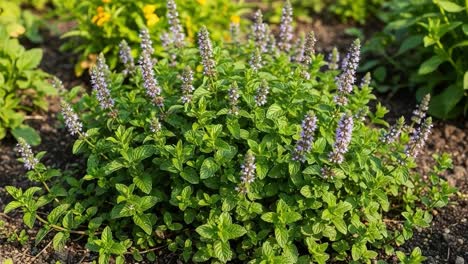 vibrant green herbaceous plant with purple flowers thriving in soil, showcasing lush foliage and beautiful blooms under natural light in a garden setup