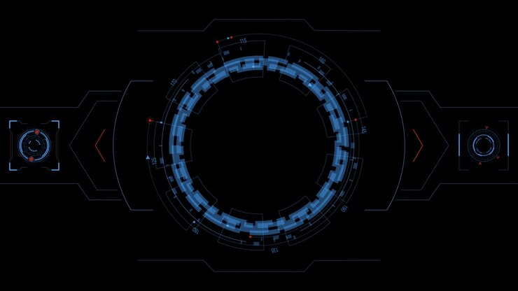 Motion graphic of Blue circle rotation with head up display ( HUD UI ) technology interface and futuristic elements alpha channel included