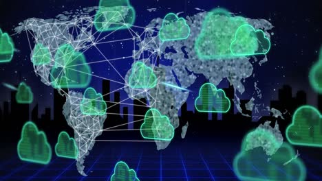 Animación-De-Iconos-De-Nubes-Y-Procesamiento-De-Datos-Sobre-El-Mapa-Mundial