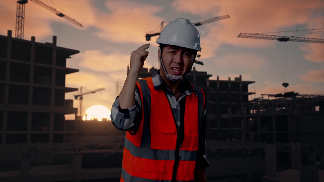 Angry Asian Male Engineer With Safety Helmet Shouting At Someone While Standing At Building & Construction Site in Progress to New House